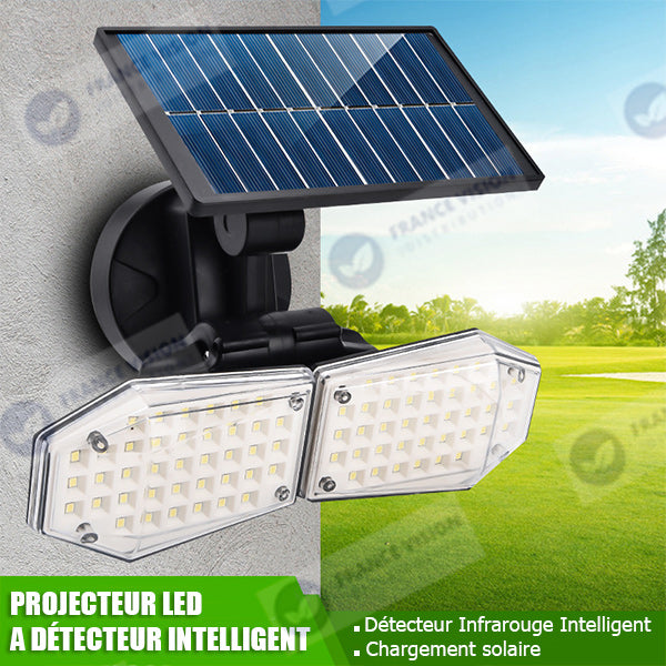 Projecteur LED solaire à double tête ajustable - Série OPTIC - Rendu lumineux 2x 80 Watts - Multi angles d'installation - IP65 - 14 x 9 cm - Détecteur de mouvement - 6000k - 3 Modes de fonctionnement