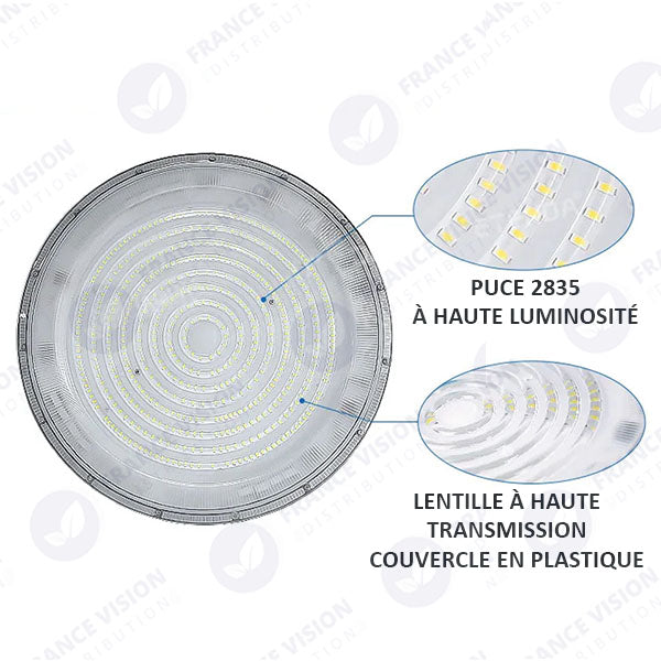 Lot de 10x Lampes industrielles Driverless - UFO - Série DIAMANT V2 - 100 Watts - 10 000 Lumens - 100 Lumens/Watt - Angle 90° - IP65 - 260 x 34 cm - 4500k - Protectionà l'impact IK08 - Câble 30cm