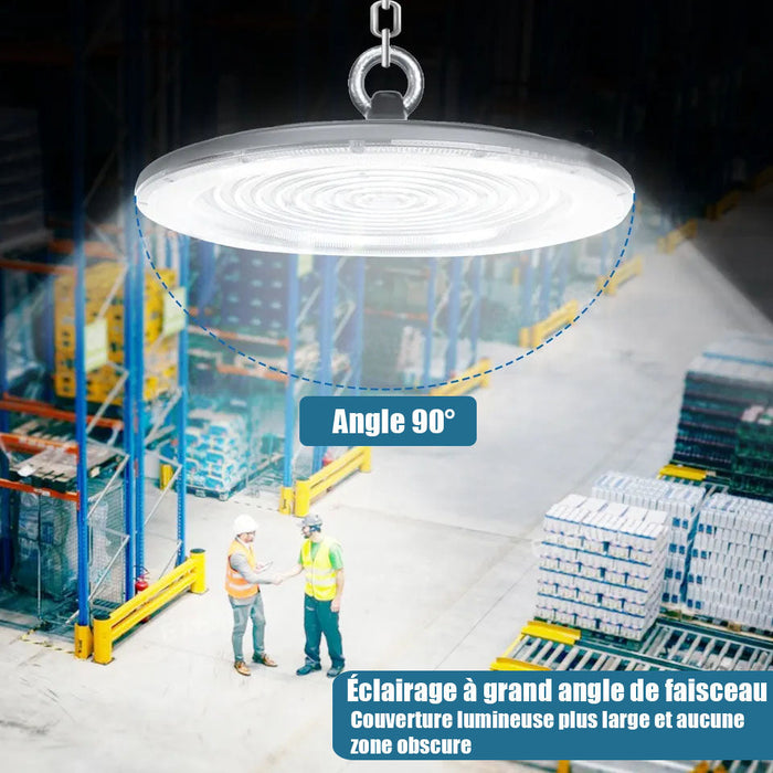 Lot de 10x Lampes industrielles Driverless - UFO - Série DIAMANT V2 - 100 Watts - 10 000 Lumens - 100 Lumens/Watt - Angle 90° - IP65 - 260 x 34 cm - 4500k - Protectionà l'impact IK08 - Câble 30cm