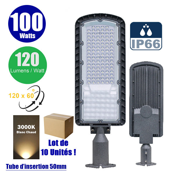 Lot de 10x Lampes de rue filaires - Série FLEX ECO - 100 Watts - 12 000 Lumens - 120 Lumens/Watt - Angle 120 x 60° - IP66 - IK08 - 573 x 190 x 70mm - Tube d'insertion 50mm - 3000k