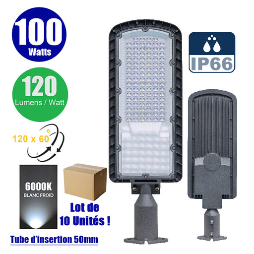 Lot de 10x Lampes de rue filaires - Série FLEX ECO - 100 Watts - 12 000 Lumens - 120 Lumens/Watt - Angle 120 x 60° - IP66 - IK08 - 573 x 190 x 70mm - Tube d'insertion 50mm - 6000k