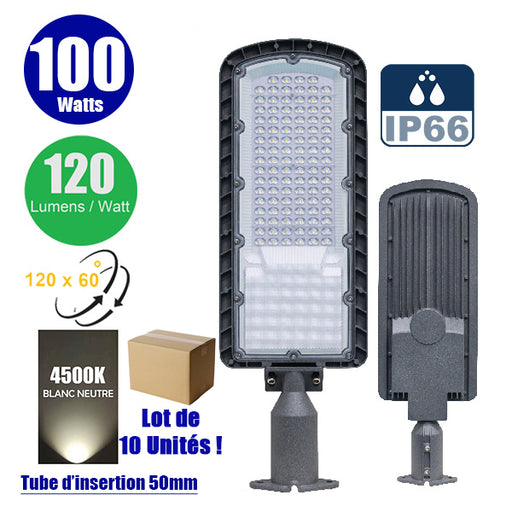Lot de 10x Lampes de rue filaires - Série FLEX ECO - 100 Watts - 12 000 Lumens - 120 Lumens/Watt - Angle 120 x 60° - IP66 - IK08 - 573 x 190 x 70mm - Tube d'insertion 50mm - 4500k