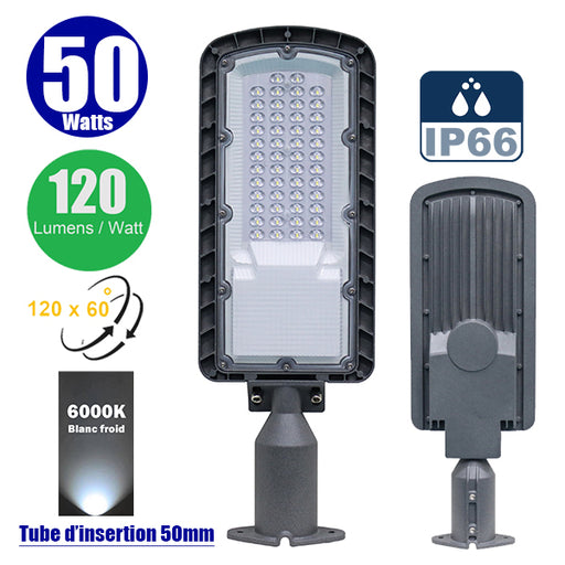 Lampe de rue filaire - Série FLEX ECO - 50 Watts - 6000 Lumens - 120 Lumens/Watt - Angle 120 x 60° - IP66 - IK08 - 493 x 170 x 70mm - Tube d'insertion 50mm - 6000k