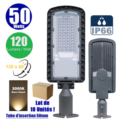 Lot de 10x Lampes de rue filaires - Série FLEX ECO - 50 Watts - 6000 Lumens - 120 Lumens/Watt - Angle 120 x 60° - IP66 - IK08 - 493 x 170 x 70mm - Tube d'insertion 50mm - 3000k