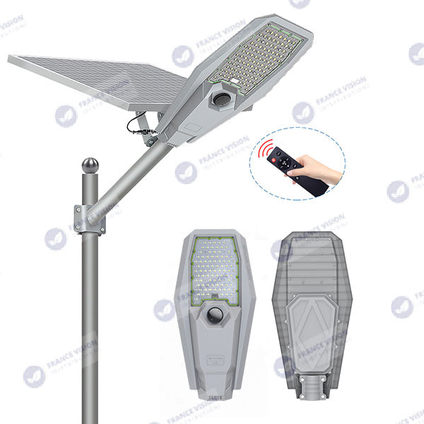 Lot de 4x Lampes de rue solaire - Série INTERSTELLAR ULTRA - 600 Watts - 3600 Lumens - Angle 150x70° - IP65 - Lampe 62 x 30 x 8 cm - Controleur intelligent - Avec télecommande - Capteur PIR - 3000k - Support inclus - Capteur crépusculaire