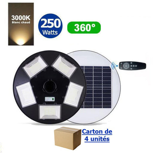Carton / Lot de 4x Lampes solaires pour extérieur - Série OVNI BASIC - 250 Watts - 1900 lumens - Angle 360° - Diamètre tube d'insertion 80 mm - Avec détecteur de mouvement - Avec télécommande - Contrôleur MPPT - Couleur d'éclairage 3000K
