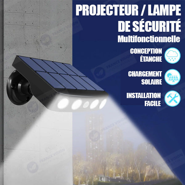 Projecteur / Lampe de sécurité solaire LED multifonctionnelles - Série HYPNOSE - Rendu lumineux 80 Watts - 600 Lumens - Multi angles d'installation 360° - IP65 - 14 x 11 x 3 cm - Détecteur de mouvement - 3 Modes - Modèle noir - 6000k