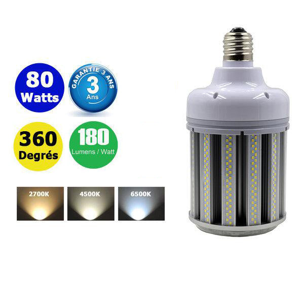 Ampoule LED E40 - Série CL6 - 80 Watts - 14 400 Lumens - 180 Lumens/Watt - 133 x 262 mm - Angle 360° - IP44