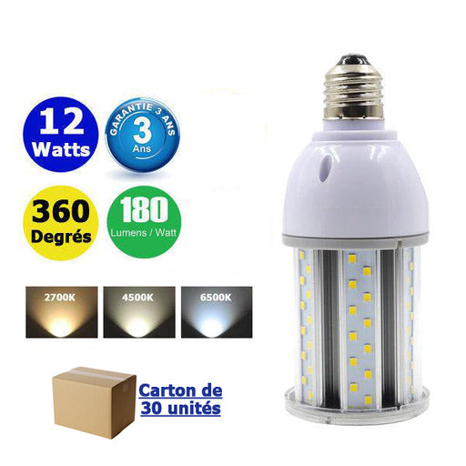 Carton / Lot de 30x Ampoules LED E27 / E40 au choix - Série CL6 - 12 Watts - 2160 Lumens - 180 Lumens/Watt - 64 x 157 mm - Angle 360° - IP44 - Garantie 3 ans