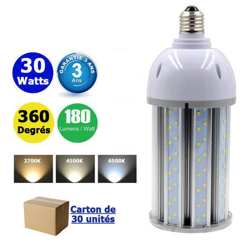 Carton / Lot de 30x Ampoules LED  E27 / E40 au choix - Série CL6 - 30 Watts - 5400 Lumens - 180 Lumens/Watt - 93 x 245 mm - Angle 360° - IP44