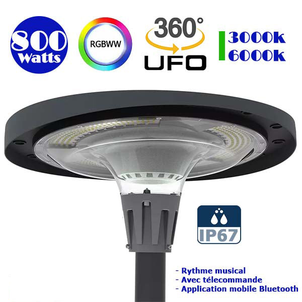 Lampe LED solaire  - Série OVNI FUTUR - RGBWW - Type UFO - 800 Watts - 2000 lumens - Panneau Polycristallin - Angle 360° - Diamètre tube d'insertion 76 mm - Télécommande - Application mobile Bluetooth - Rythme musical - Couleur 3000K / 6000K / RGB