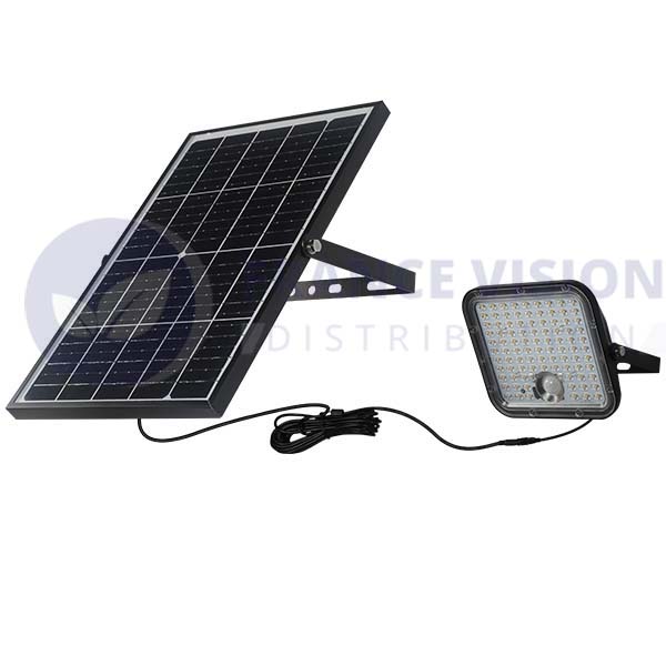 Projecteur LED solaire - Série SECURITY - Rendu lumineux 300 Watts - 4800 lumens - Angle 120° x 60° - IP65 - 6000k - Lampe 20 x 19 x 5 cm - Panneau solaire monocristallin ajustable 35 x 24 x 2 cm - Détecteur PIR - Télécommande - Garantie 3 ans