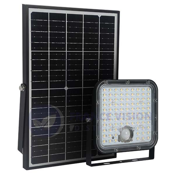 Projecteur LED solaire - Série SECURITY - Rendu lumineux 150 Watts - 1500 lumens - Angle 120° x 60° - IP65 - 3000k - Lampe 14 x 15 x 3 cm - Panneau solaire monocristallin ajustable 22 x 18 x 2 cm - Détecteur Infrarouge - Télécommande