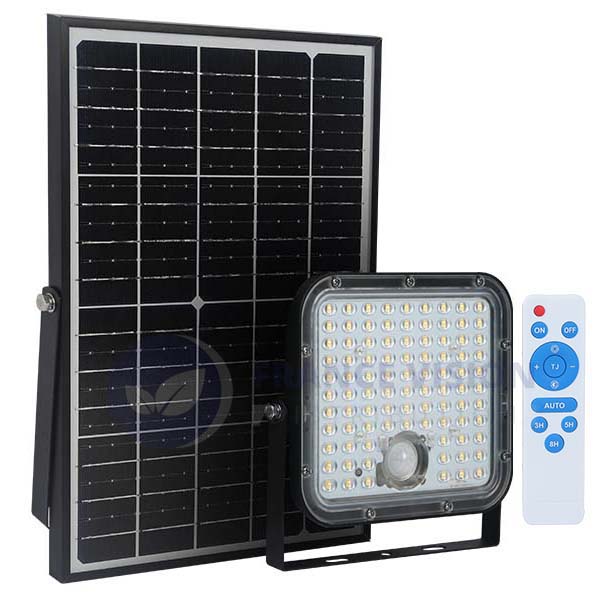 Projecteur LED solaire - Série SECURITY - Rendu lumineux 300 Watts - 4800 lumens - Angle 120° x 60° - IP65 - 3000k - Lampe 20 x 19 x 5 cm - Panneau solaire monocristallin ajustable 35 x 24 x 2 cm - Détecteur PIR - Télécommande - Garantie 3 ans