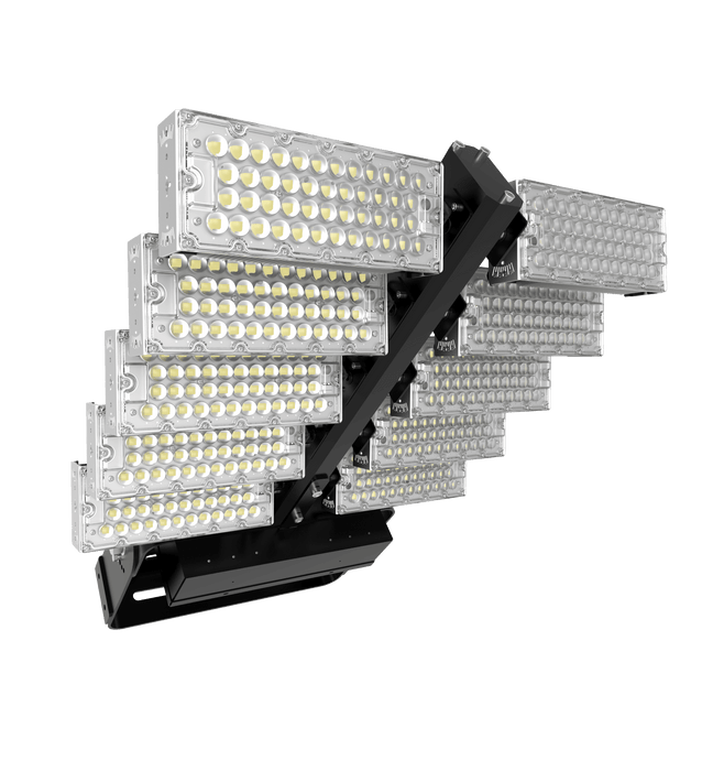 Lot de 4x Projecteurs hautes puissances LED de stade - Série Évasion - 1200 Watts - 186 000 Lumens - 155 Lumens/Watt -   729 x 650 x 132 mm - Angle 20° / 40° / 60° / 90° / 140*100° / 120° au choix - IP65 - Rotatif - Garantie 5 ans