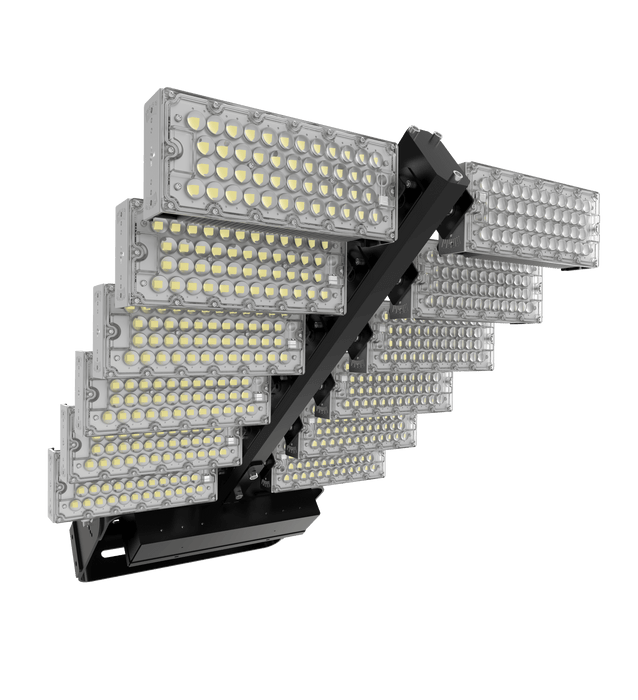 Projecteur haute puissance LED de stade - Série Évasion - 1440 Watts - 223 200 Lumens - 155 Lumens/Watt -   860 x 650 x 132 mm - Angle 20° / 40° / 60° / 90° / 140*100° / 120° au choix - IP65 - Rotatif - Transformateur Meanwell - Garantie 5 ans