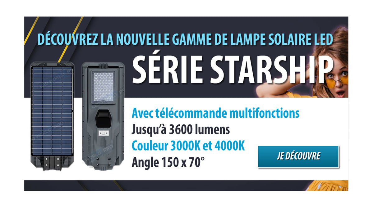 Pack de 4x Lampes de rue solaire - Série STARSHIP - Rendu lumineux 1200 Watts - 3600 Lumens - Couleur 3000K - Angle 150x70° - IP65 - Dimensions 82 x 30 x 8 cm - Tube d'insertion 45mm - Avec détecteur de mouvement - Télécommande - 3 modes de fonctionnement