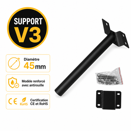 Support mural pour Candélabre / Lampe de rue et parking – V3 - Diamètre 45mm - Couleur NOIR - Modèle renforcé avec antirouille