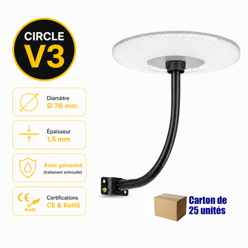 Lot de 10x Supports muraux ou de mât pour lampe – Perpendiculaire rond - CIRCLE V3 – Diamètre 76mm – Longueur 50cm – Couleur NOIR - Modèle renforcé avec antirouille