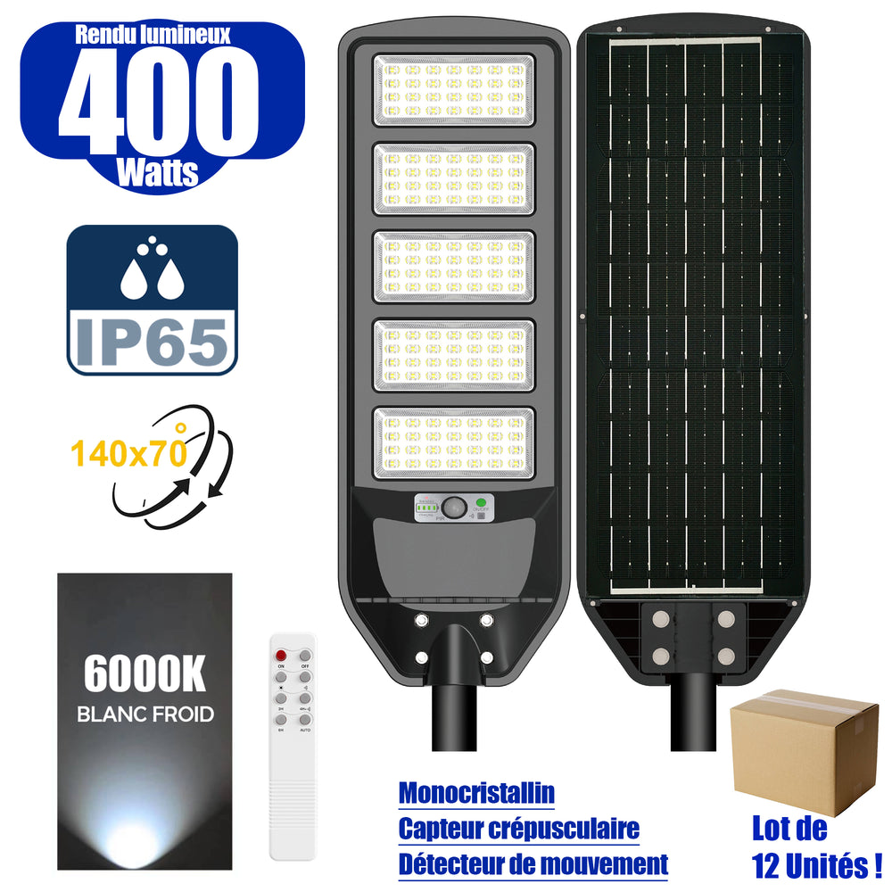 Lot de 12x Solaires - Luminaire LED pour Candélabre / Lampe de rue et parking - Série VIEW V2 - 400 Watts - 2700 Lumens - Angle 140*70° - IP65 - Lampe 72 x 25 x 5 cm - Panneau MONOCRISTALLIN - Détecteur de mouvement - 6000k - Tube d'insertion 45mm