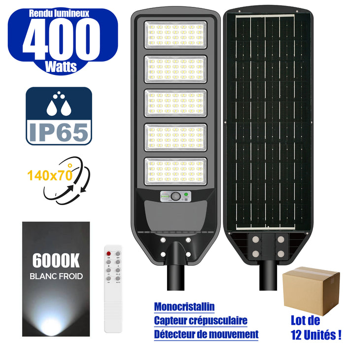 Lot de 12x Solaires - Luminaire LED pour Candélabre / Lampe de rue et parking - Série VIEW V2 - 400 Watts - 2700 Lumens - Angle 140*70° - IP65 - Lampe 72 x 25 x 5 cm - Panneau MONOCRISTALLIN - Détecteur de mouvement - 6000k - Tube d'insertion 45mm