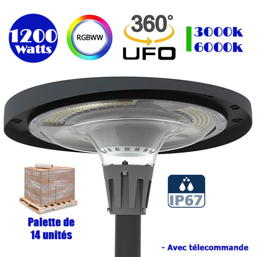 Palette de 14x Lampes LED solaires  - Série OVNI FUTUR - RGBWW - Type UFO - 1200 Watts - 2800 lumens - Panneau Monocristallin - Diamètre tube d'insertion 76 mm - Télécommande - Couleur 3000K / 6000K / RGB