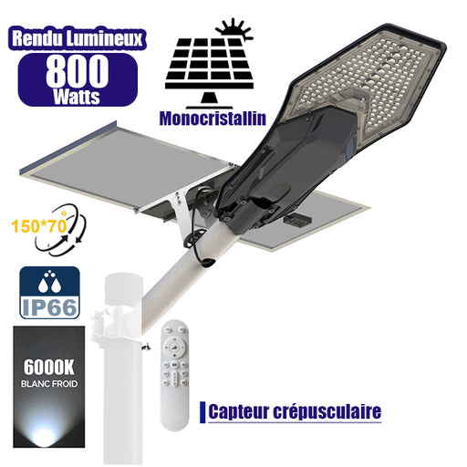 Lampe de rue solaire - Série INTERSTELLAR ELITE 800 Watts - 5600 Lumens - Angle 150*70° - IP66 - Lampe 75 x 34 x 10 cm - Panneau MONO 67 x 45 x 3 cm - Contrôleur intelligent - Avec télécommande - 6000k - Support inclus - Capteur crépusculaire