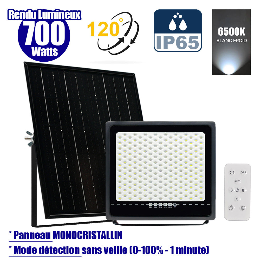 Projecteur LED solaire - Série SECURITY ULTRA - 700 Watts - 4000 Lumens - Angle 120° - IP65 - Lampe 37 x 36 x 5 cm - Panneau solaire MONOCRISTALLIN 45 x 42 x 3 cm - Télécommande - 6500k - Mode de détection sans veille (0-100% - 1 minute)