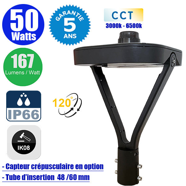 Lampe de jardin et parking filaire CCT (3000k/4000k/6500k) - Série OVALI V3 - 50 Watts - 8350 Lumens - 167 Lumens/watt - IK08 - IP66 - 120° ajustable - 44 x 30 x 30 cm - Tube d’insertion 48 / 60mm - Garantie 5 ans