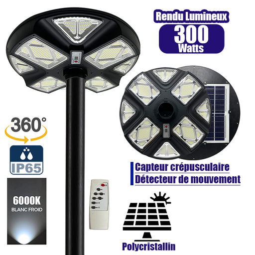 Lampe solaire pour extérieur - Série OVNI CRYSTAL V2 -  300 Watts - 1900 Lumens - Angle 360° - IP65 - Lampe 55 x 55 cm - Panneau polycristallin 42 x 35 cm - Tube d'insertion 60/76 mm - Détecteur de mouvement - Capteur crépusculaire - Télécommande - 6000k