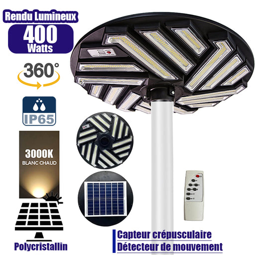 Lampe solaire pour extérieur - Série OVNI EMERAUDE -  400 Watts - 2300 Lumens - Angle 360° - IP65 - Lampe 61 x 61 cm - Panneau polycristallin 48 x 35 cm - Tube d'insertion 60/76 mm - Détecteur de mouvement - Capteur crépusculaire - Télécommande - 3000k