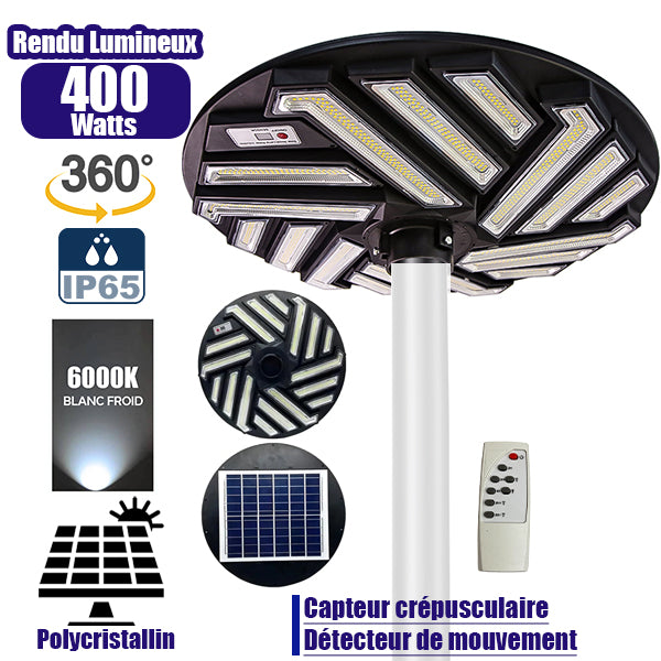 Lampe solaire pour extérieur - Série OVNI EMERAUDE -  400 Watts - 2300 Lumens - Angle 360° - IP65 - Lampe 61 x 61 cm - Panneau polycristallin 48 x 35 cm - Tube d'insertion 60/76 mm - Détecteur de mouvement - Capteur crépusculaire - Télécommande - 6000k