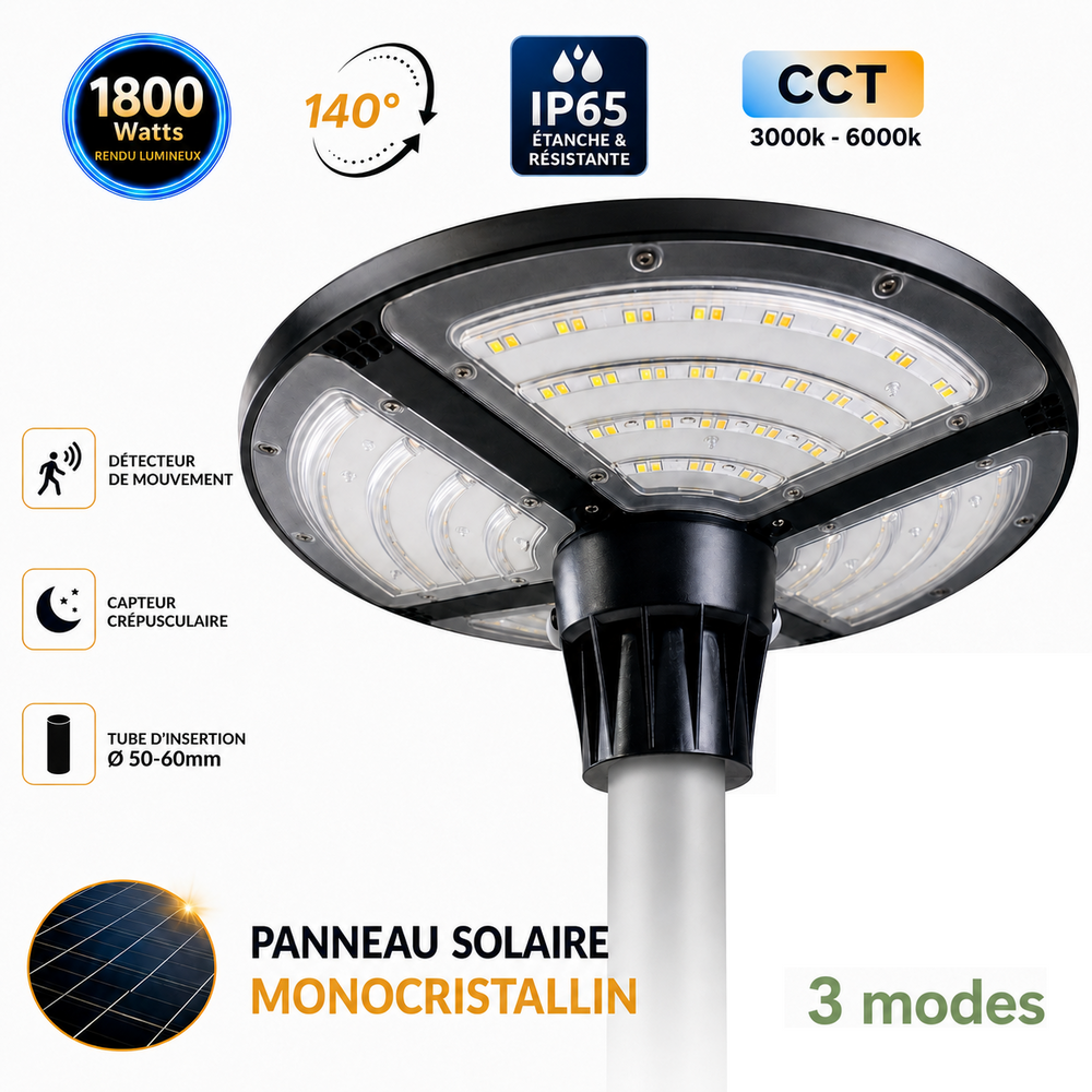 Lampe solaire pour extérieur - Série OVNI FUTUR V3 - MODULAIRE & CCT - 1800 Watts - 4800 Lumens - IP65 - Angle 140° - 40 x 14 cm - Panneau MONOCRISTALLIN - Tube d'insertion 50-60mm - Avec Détecteur de mouvement - Avec Télécommande