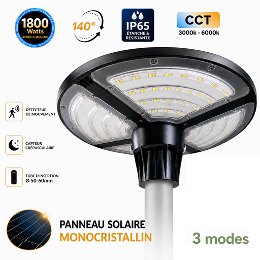 Lampe solaire pour extérieur - Série OVNI FUTUR V3 - MODULAIRE & CCT - 1800 Watts - 4800 Lumens - IP65 - Angle 140° - 40 x 14 cm - Panneau MONOCRISTALLIN - Tube d'insertion 50-60mm - Avec Détecteur de mouvement - Avec Télécommande