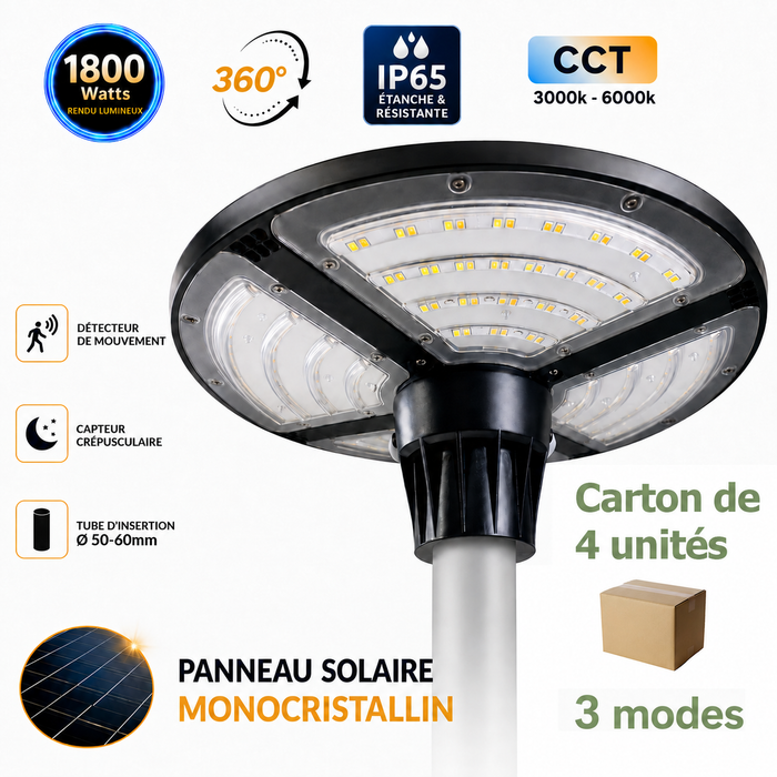 Lot de 4x Lampes solaires pour extérieur - Série OVNI FUTUR V3 - MODULAIRE & CCT - 1800 Watts - 4800 Lumens - IP65 - Angle 360° - 40 x 14 cm - Panneau MONOCRISTALLIN - Tube d'insertion 50-60mm - Avec Détecteur de mouvement - Avec Télécommande