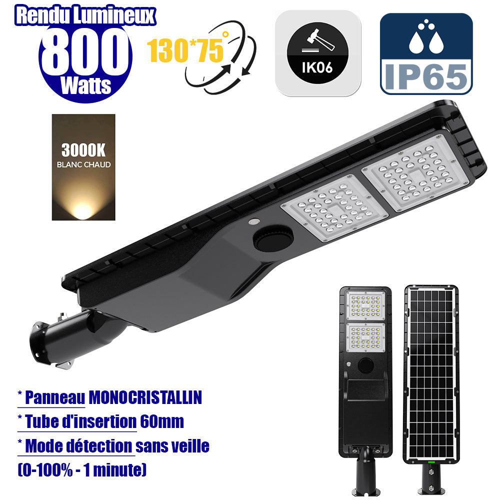 Lampe de rue solaire - Série POWER EVO V2 - 800 Watts - 2200 Lumens - IP65 - Angle 130x75° - 75 x 20 x 9 cm - Panneau MONOCRISTALLIN - Structure en ALUMINIUM - Capteur de présence PIR - Mode détection sans veille (0-100% - 1 minute) - 3000K