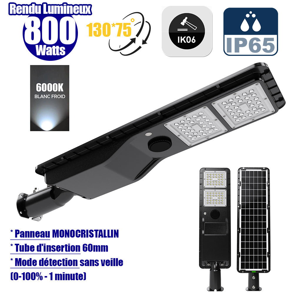 Lampe de rue solaire - Série POWER EVO V2 - 800 Watts - 2200 Lumens - IP65 - Angle 130x75° - 75 x 20 x 9 cm - Panneau MONOCRISTALLIN - Structure en ALUMINIUM - Capteur de présence PIR - Mode détection sans veille (0-100% - 1 minute) - 6000K