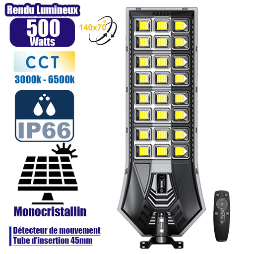 Lampadaire solaire extérieur de rue / parking - Série POWER ULTRA V2 CCT (Couleur Changeante en Température) - Rendu Lumineux 500 Watts - 2400 Lumens - Angle 140*70° - IP66 - 69 x 27 x 7 cm - Télécommande - Détecteur de mouvement - Tube d’insertion 45 mm