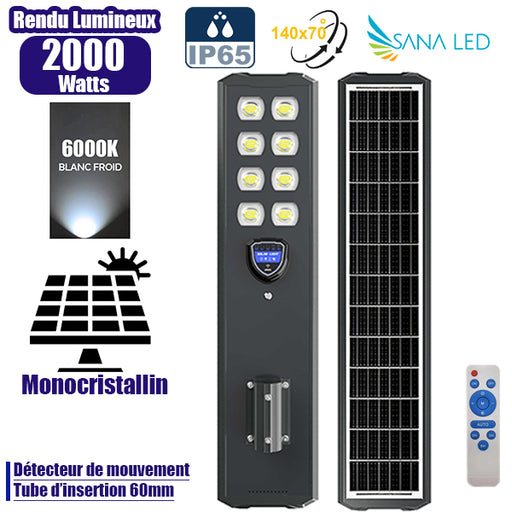 Lampe de rue solaire - Série STARSHIP ULTRA BLACK - Rendu lumineux 2000 Watts - 5000 Lumens - 6000k - Angle 140*70° - IP65 - Structure aluminium - Dimensions 108 x 22 x 8 cm - Tube 60mm - Contrôle intelligent - Détecteur de mouvement - Télécommande
