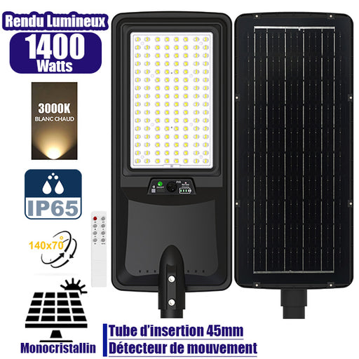 Lampe de rue LED solaire - Série VIEW V2 EVO - 1400 Watts - 4500 Lumens - 3000k - Angle 140*70° - IP54 - 64 x 26 x 7 cm - Panneau Monocristallin - Batterie 25Ah - Détecteur de mouvement - Télécommande - Tube d'insertion 45mm