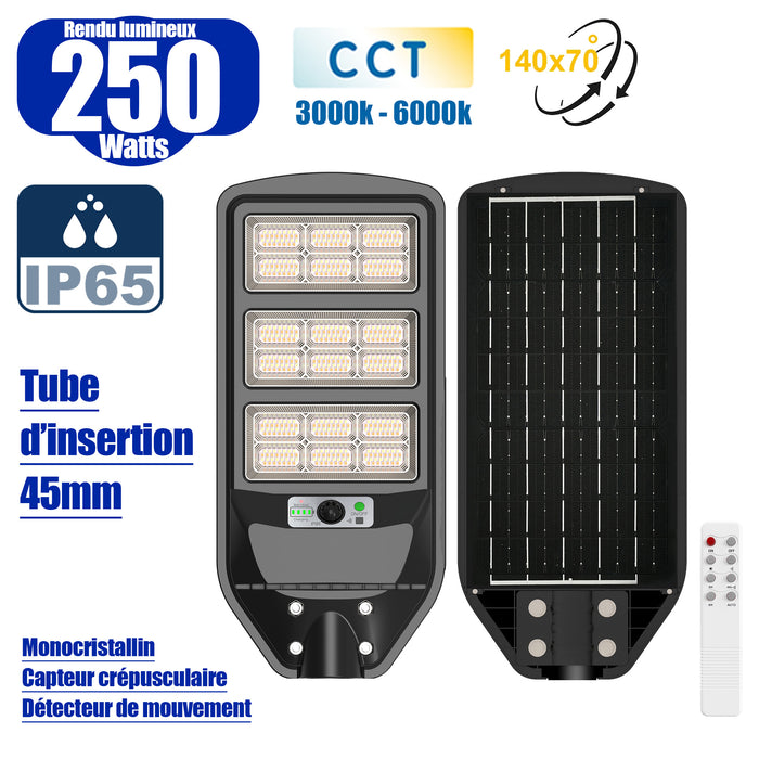 Solaire - Luminaire LED pour Candélabre / Lampe de rue et parking - Série VIEW V3 CCT (Couleur Changeante en Température) - 250 Watts - 2100 Lumens - Angle 140*70° - IP65 - Lampe 62 x 25 x 5 cm - Panneau MONOCRISTALLIN 51 x 23 cm - Détecteur de mouvement