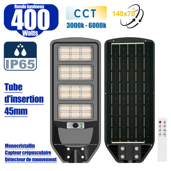 Solaire - Luminaire LED pour Candélabre / Lampe de rue et parking - Série VIEW V3 CCT (Couleur Changeante en Température) - 400 Watts - 2700 Lumens - Angle 140*70° - IP65 - Lampe 72 x 25 x 5 cm - Panneau MONOCRISTALLIN 61 x 23 cm - Détecteur de mouvement