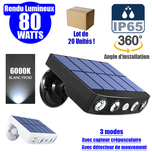Lot de 20x Projecteurs / Lampes de sécurité solaire LED multifonctionnelles - Série HYPNOSE - Rendu lumineux 80 Watts - 600 Lumens - Multi angles d'installation 360° - IP65 - 14 x 11 x 3 cm - Détecteur de mouvement - 3 Modes - Modèle noir - 6000k