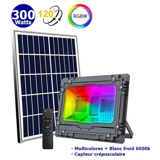 Projecteur LED solaire - Série WARRIOR RGBW (Multicolores + Blanc) - 300 Watts - Angle 120° - Lampe 34 x 27 x 8 cm - Panneau solaire 58 x 35 cm - IP67 - Avec télécommande - Avec capteur crépusculaire