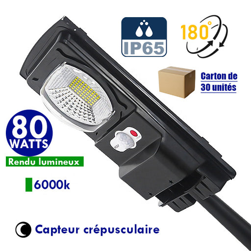 Carton / Lot de 30x Lampes de rue solaires - Série CYCLOPE - Rendu lumineux 80 Watts - Angle éclairage 180 ° - IP65 - 25 x 14 x 4 cm - Avec capteur crépusculaire – Support mural intégré – Couleur 6000K