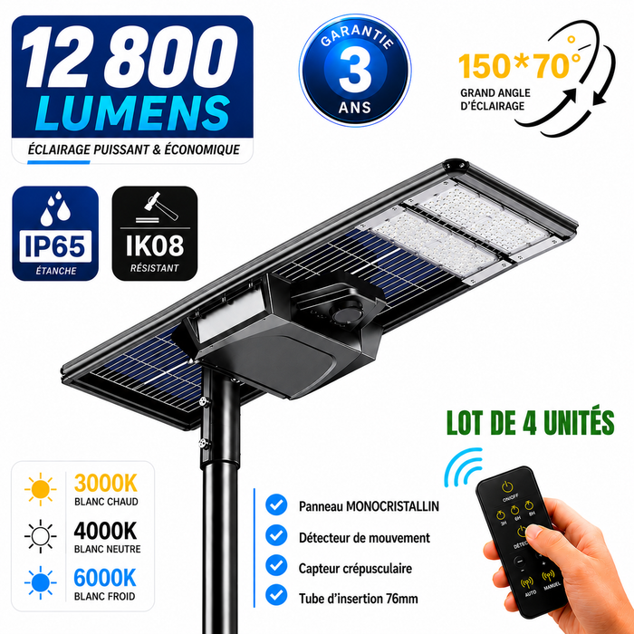Lot de 4x Lampes de rue solaires - Série STARSHIP ELITE - 12 800 Lumens - Angle 150x70° - IP65 - 3000k/4000k/6000k au choix - Structure ALUMINIUM - Tube d'insertion 76mm - Régulateur MPPT - Détecteur de mouvement - Télécommande - Garantie 3 ans