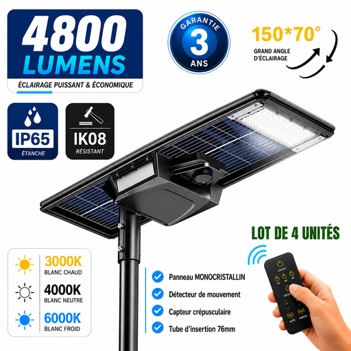 Lot de 4x Lampes de rue solaires - Série STARSHIP ELITE - 4800 Lumens - Angle 150x70° - IP65 - 3000k/4000k/6000k au choix - Structure ALUMINIUM - Tube d'insertion 76mm - Régulateur MPPT - Détecteur de mouvement - Télécommande - Garantie 3 ans