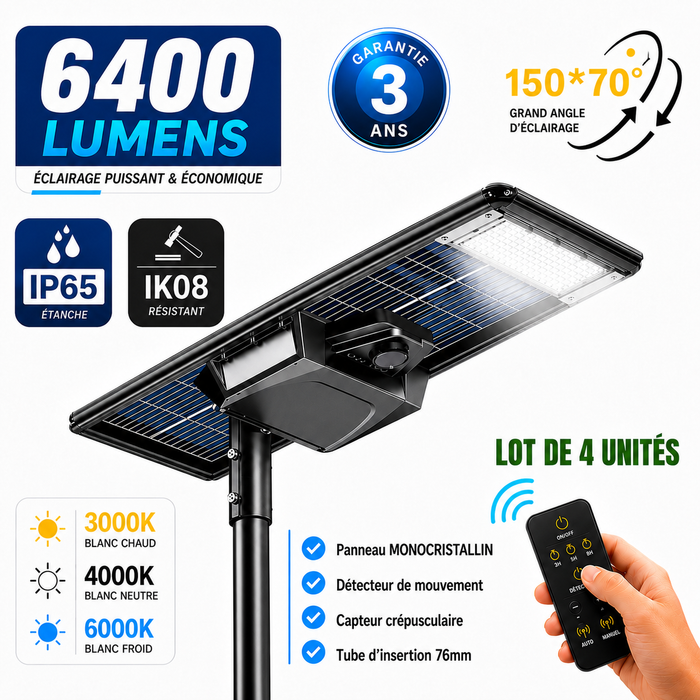 Lot de 4x Lampes de rue solaires - Série STARSHIP ELITE - 6400 Lumens - Angle 150x70° - IP65 - 3000k/4000k/6000k au choix - Structure ALUMINIUM - Tube d'insertion 76mm - Régulateur MPPT - Détecteur de mouvement - Télécommande - Garantie 3 ans