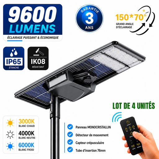 Lot de 4x Lampes de rue solaires - Série STARSHIP ELITE - 9600 Lumens - Angle 150x70° - IP65 - 3000k/4000k/6000k au choix - Structure ALUMINIUM - Tube d'insertion 76mm - Régulateur MPPT - Détecteur de mouvement - Télécommande - Garantie 3 ans