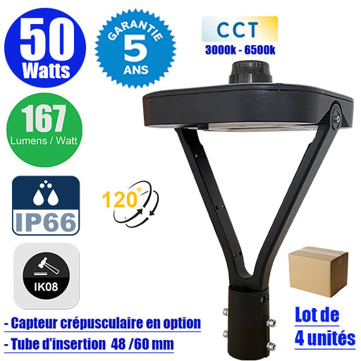 Lot de 4x Lampes de jardin et parking filaires CCT (3000k/4000k/6500k) - Série OVALI V3 - 50 Watts - 8350 Lumens - 167 Lumens/watt - IK08 - IP66 - 120° ajustable - 44 x 30 x 30 cm - Tube d’insertion 48 / 60mm - Garantie 5 ans